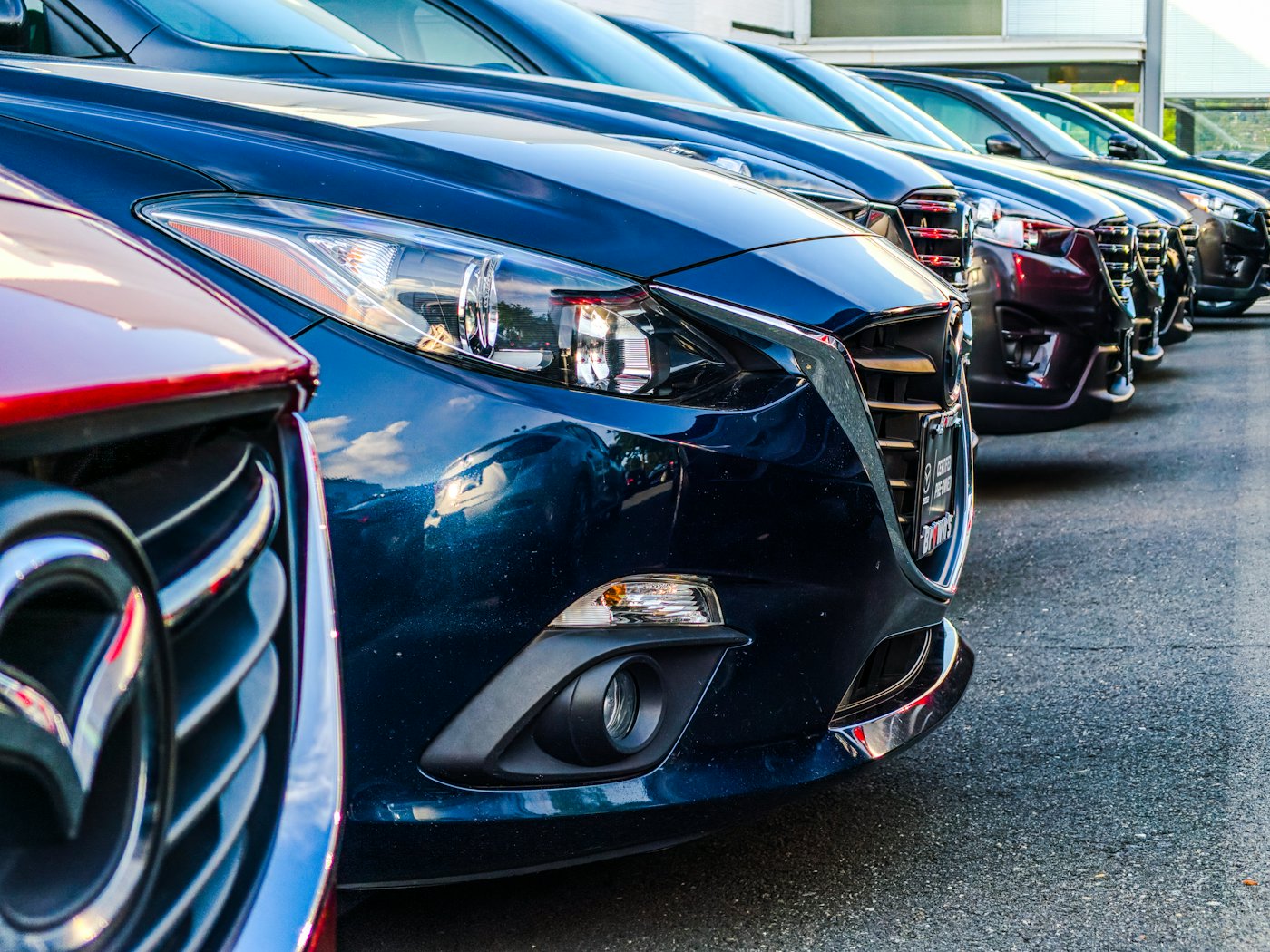 A row of parked cars, front grilles lined up.