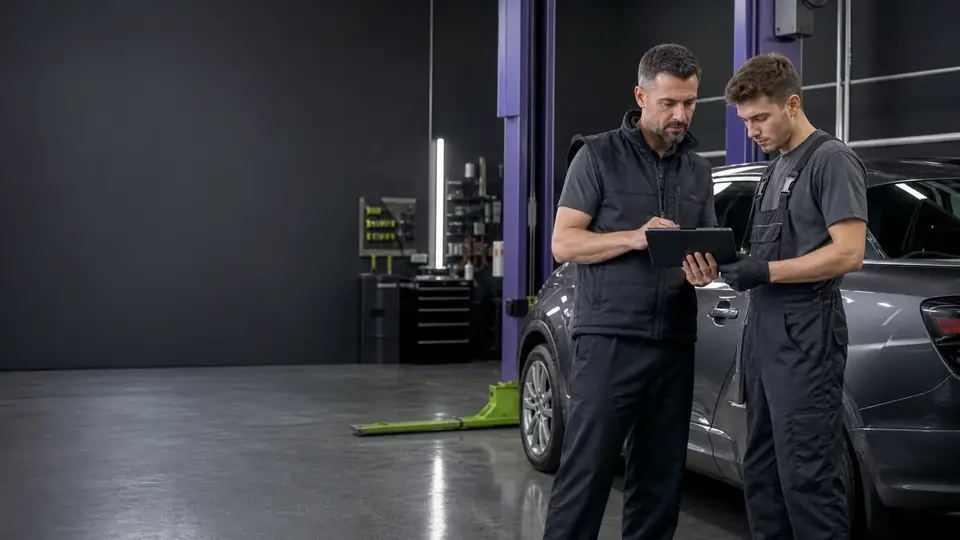 Two mechanics reviewing a work order on a tablet beside a car on a lift.