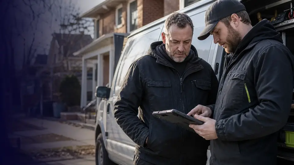 Two technicians checking a job on a tablet beside a service van outside a home.