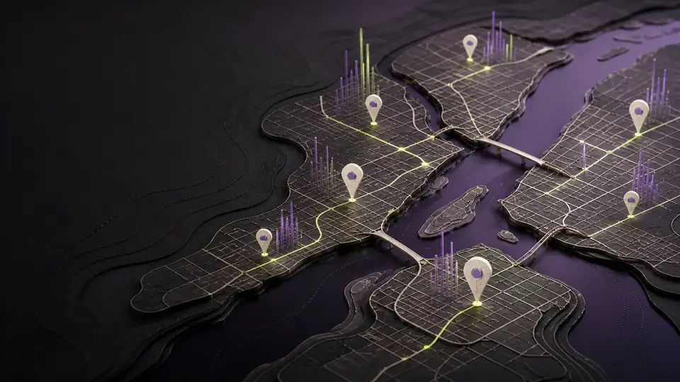 A dark map of the Quad Cities with glowing location pins.