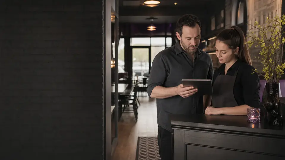 A restaurant owner and a host checking reservations on a tablet at the front stand.