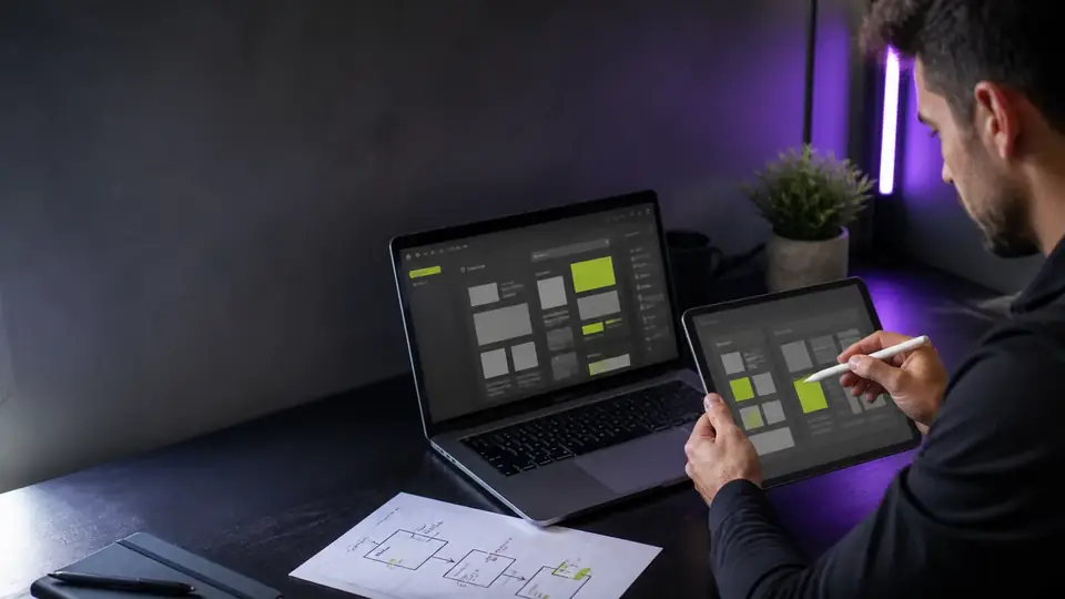 A designer sketching an interface on a tablet beside a laptop showing a dashboard.