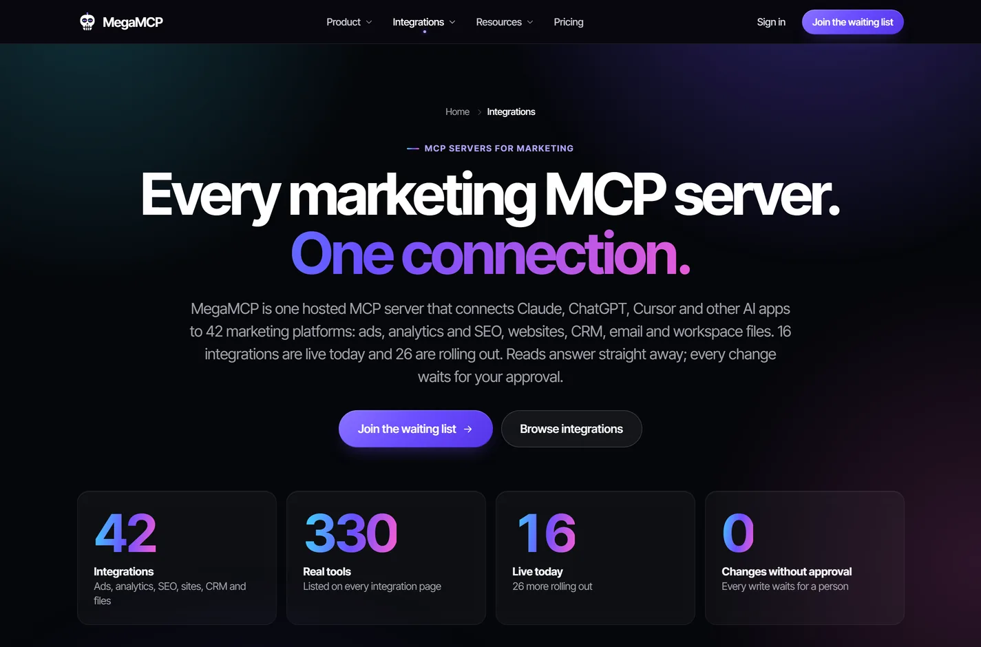 MegaMCP’s integrations hub: “Every marketing MCP server. One connection.” above counts of tools and live integrations