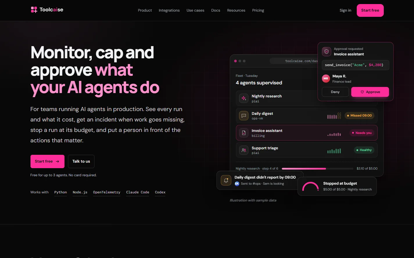 Toolcaise’s homepage: “Monitor, cap and approve what your AI agents do” beside an illustrated fleet dashboard and approval request