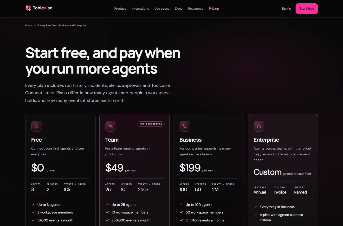Toolcaise’s pricing page: Free, Team at $49, Business at $199 and custom Enterprise plans with agent, member and event limits