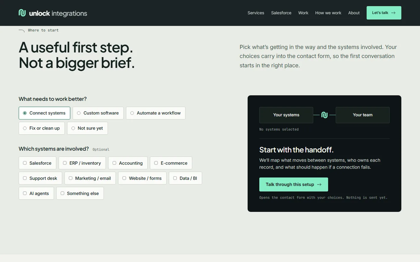 The starting-point picker with “Connect systems” selected and a panel reading “Start with the handoff.”