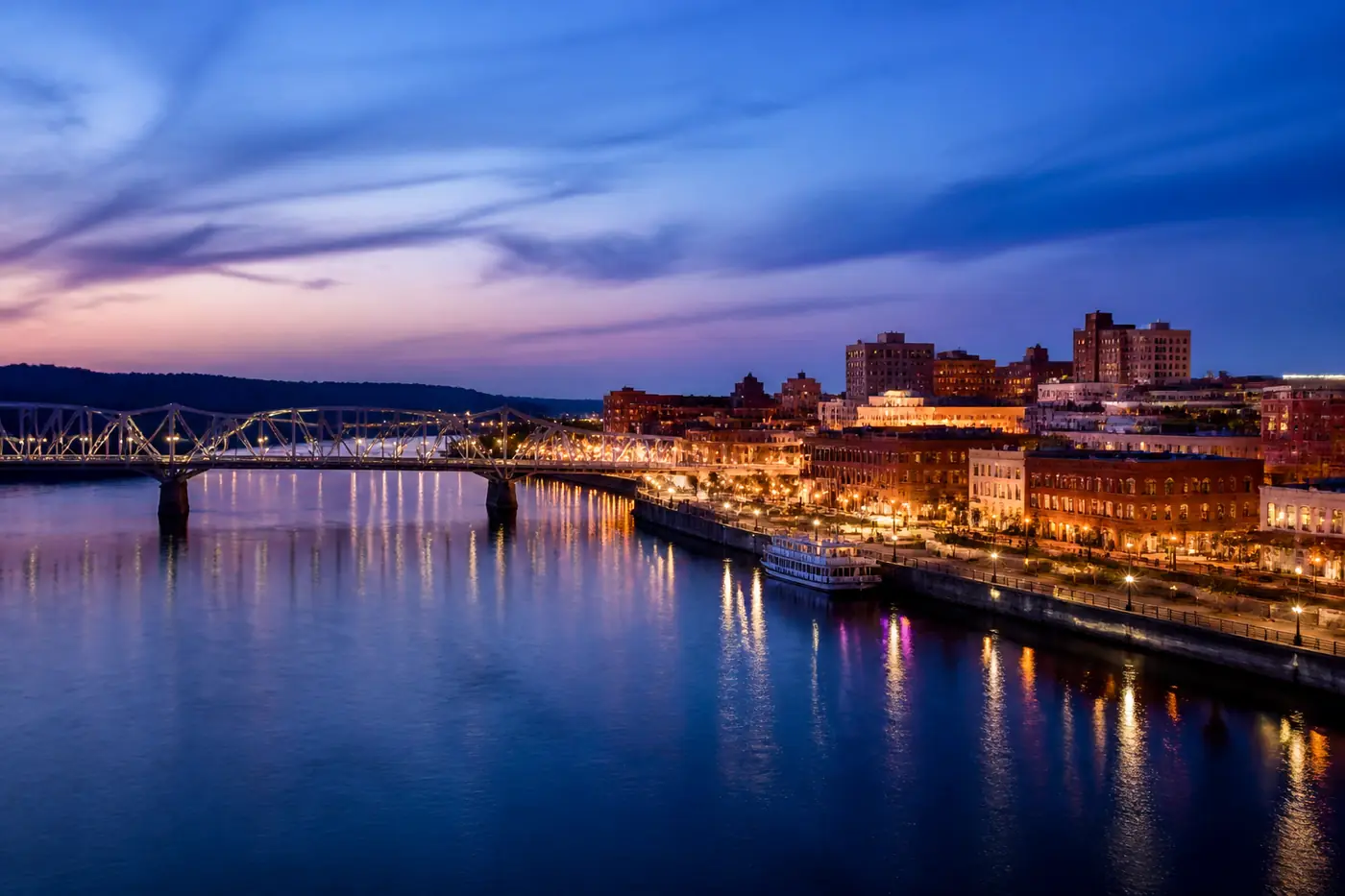 The Quad Cities riverfront at dusk