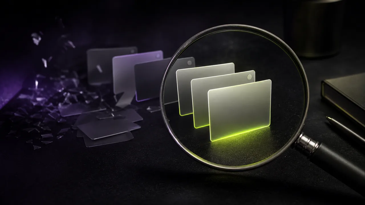 Magnifying glass and layered abstract search cards representing trustworthy search results
