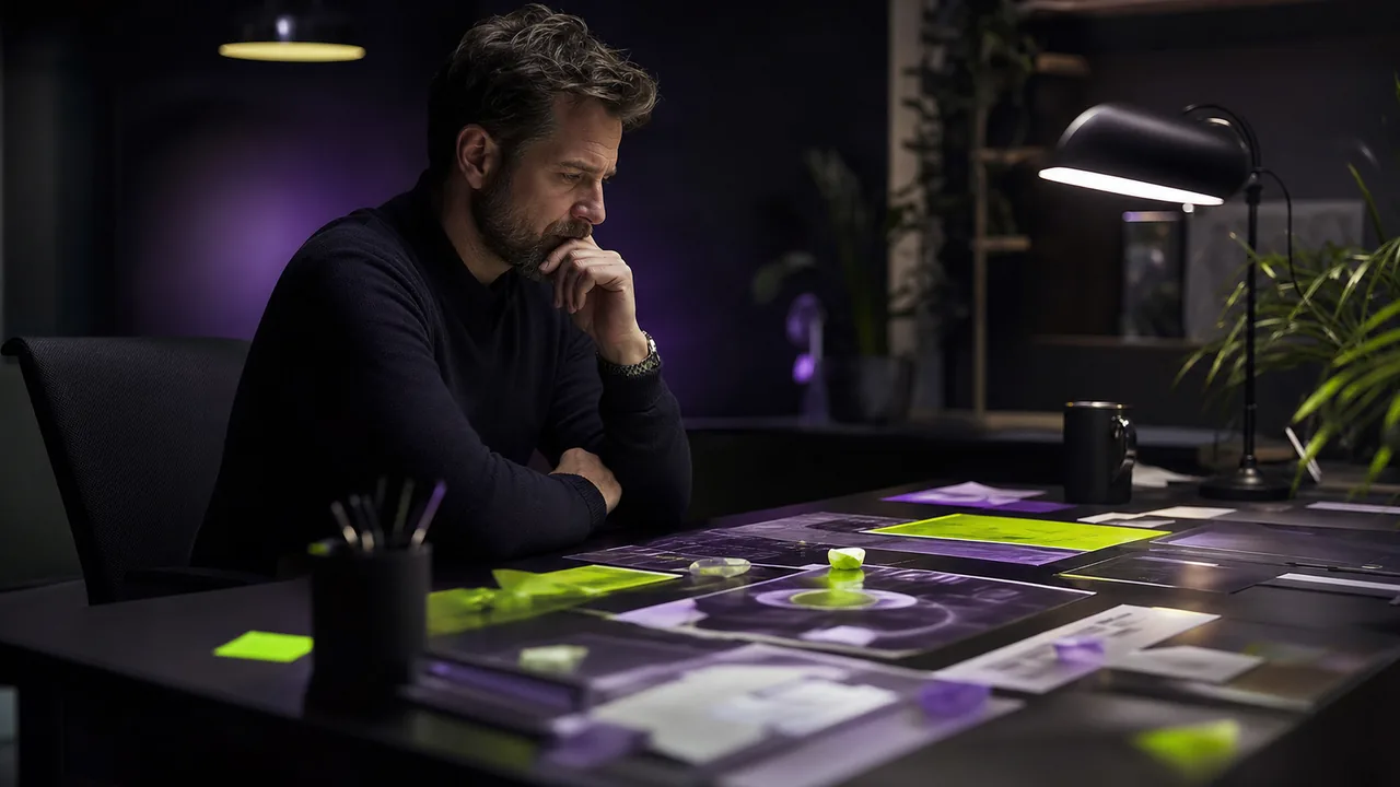 Small business owner reviewing scattered marketing signals in a modern dark office