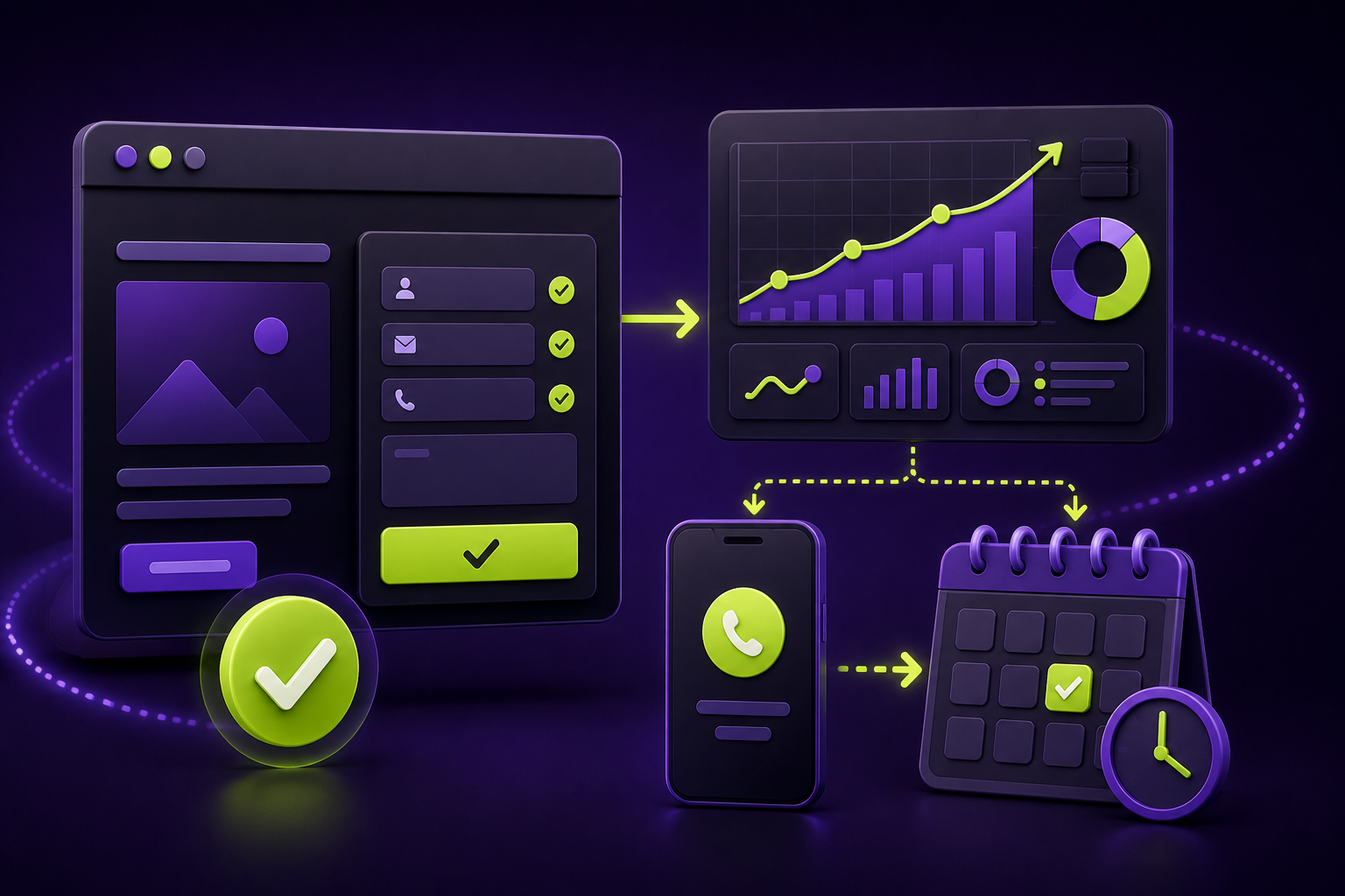 Illustration showing a completed website lead form flowing to an analytics dashboard, phone, and appointment calendar.