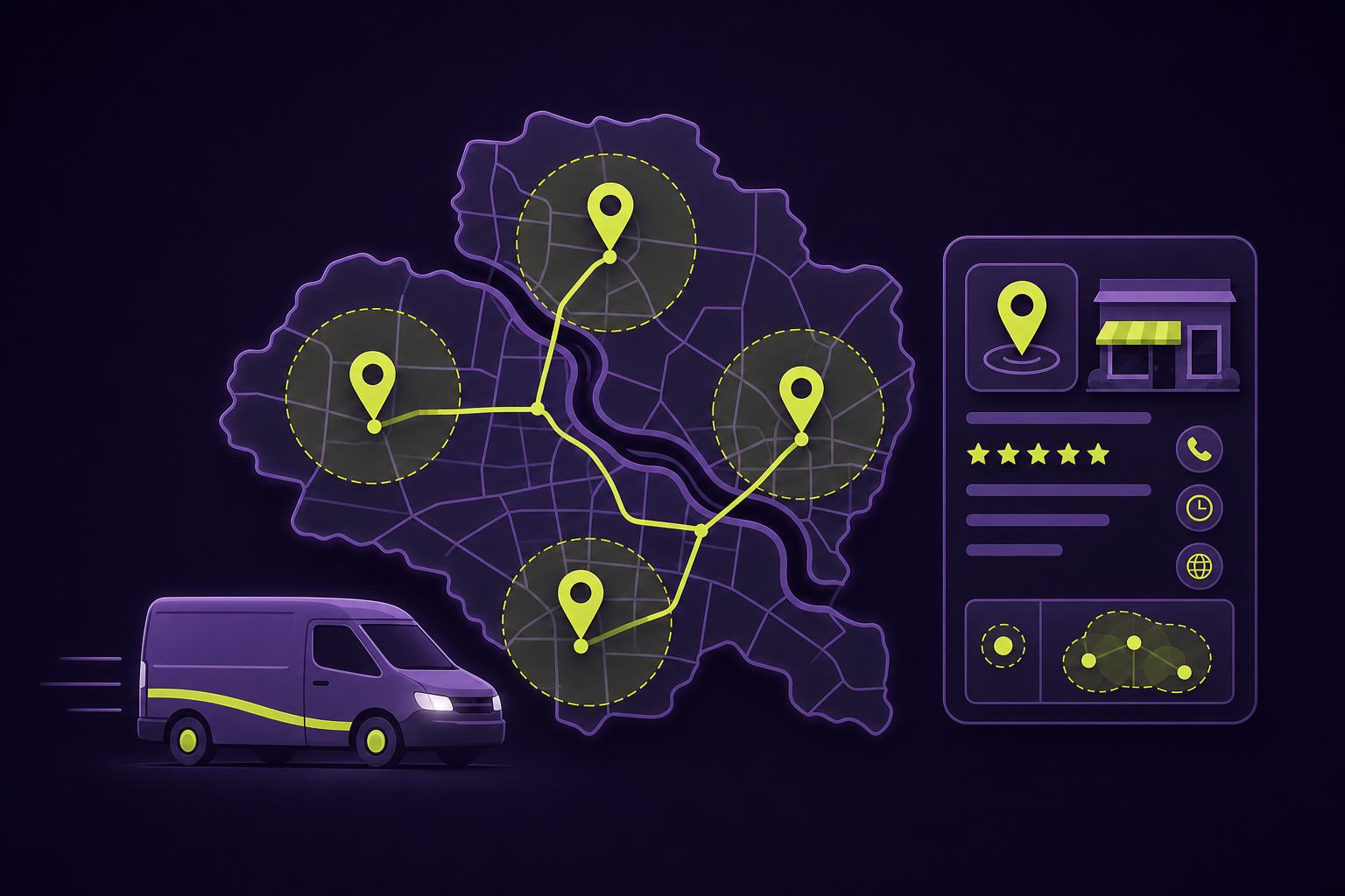 Illustration of a service van, location pins, map coverage zones, and a business profile card for a local service business.