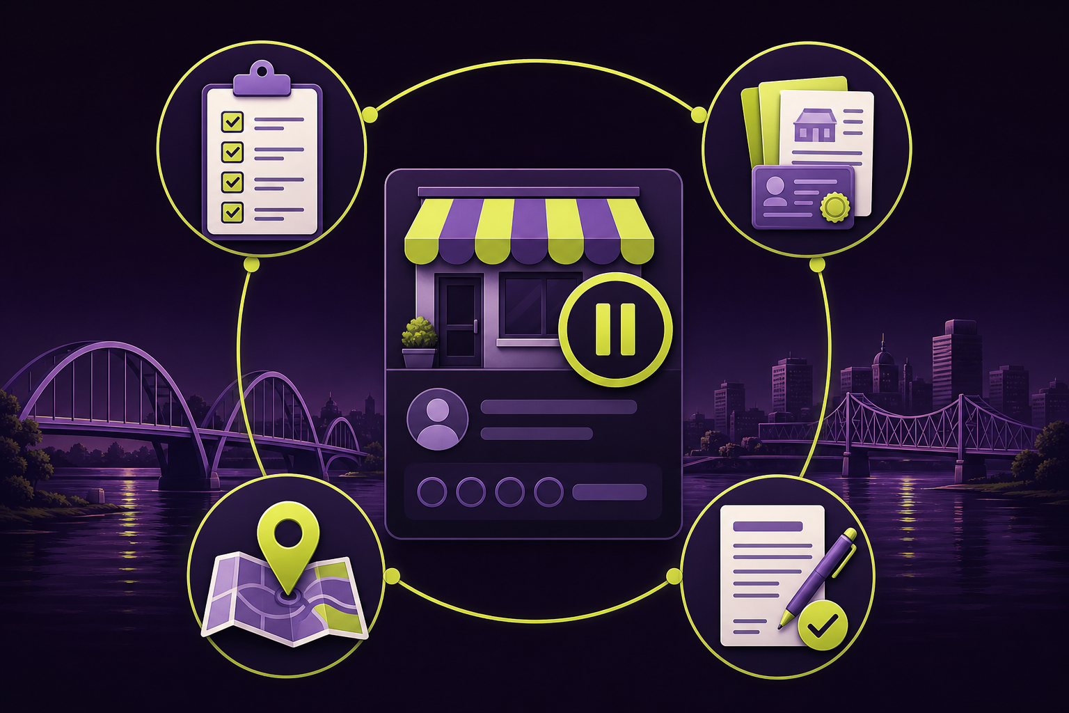 Illustration of a suspended local business profile, policy checklist, business documents, map pin, and appeal form arranged around a Quad Cities skyline.