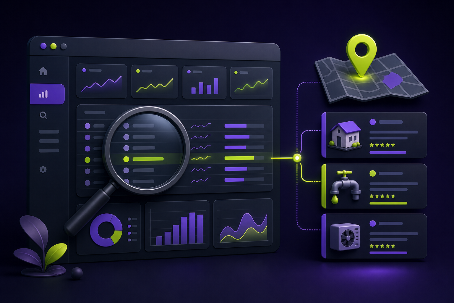Illustration of an analytics dashboard, magnifying glass, map pin, and service cards used to evaluate local service-page opportunities.