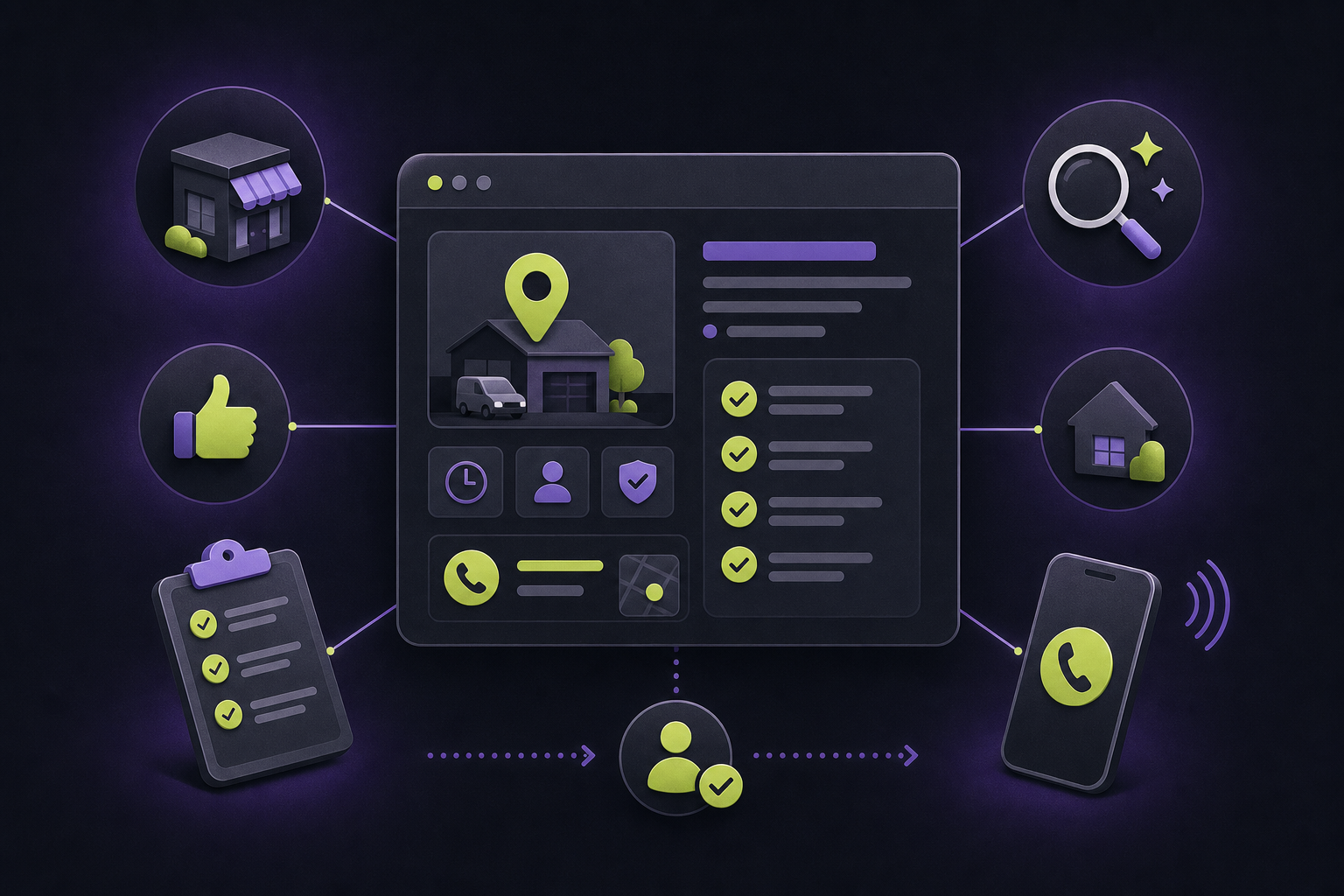Illustration of a local service page with location, checklist, search, and contact symbols connected around it.