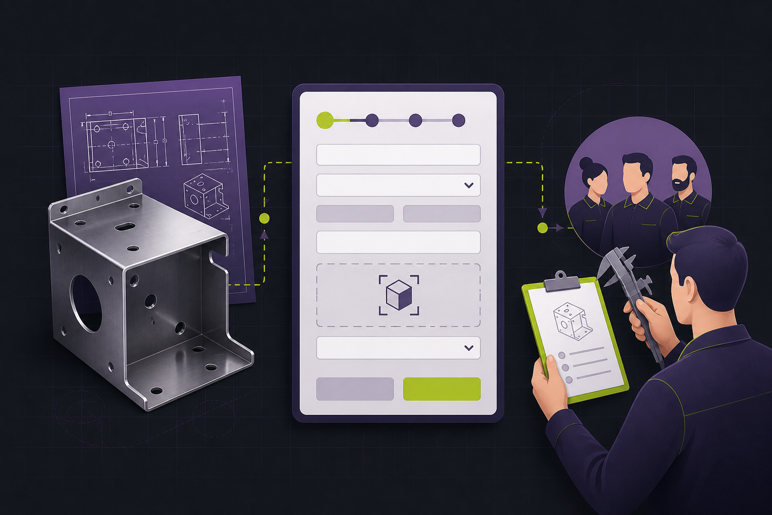 Illustration of a fabricated metal component, technical drawing, RFQ form, and manufacturing team reviewing a quote request.