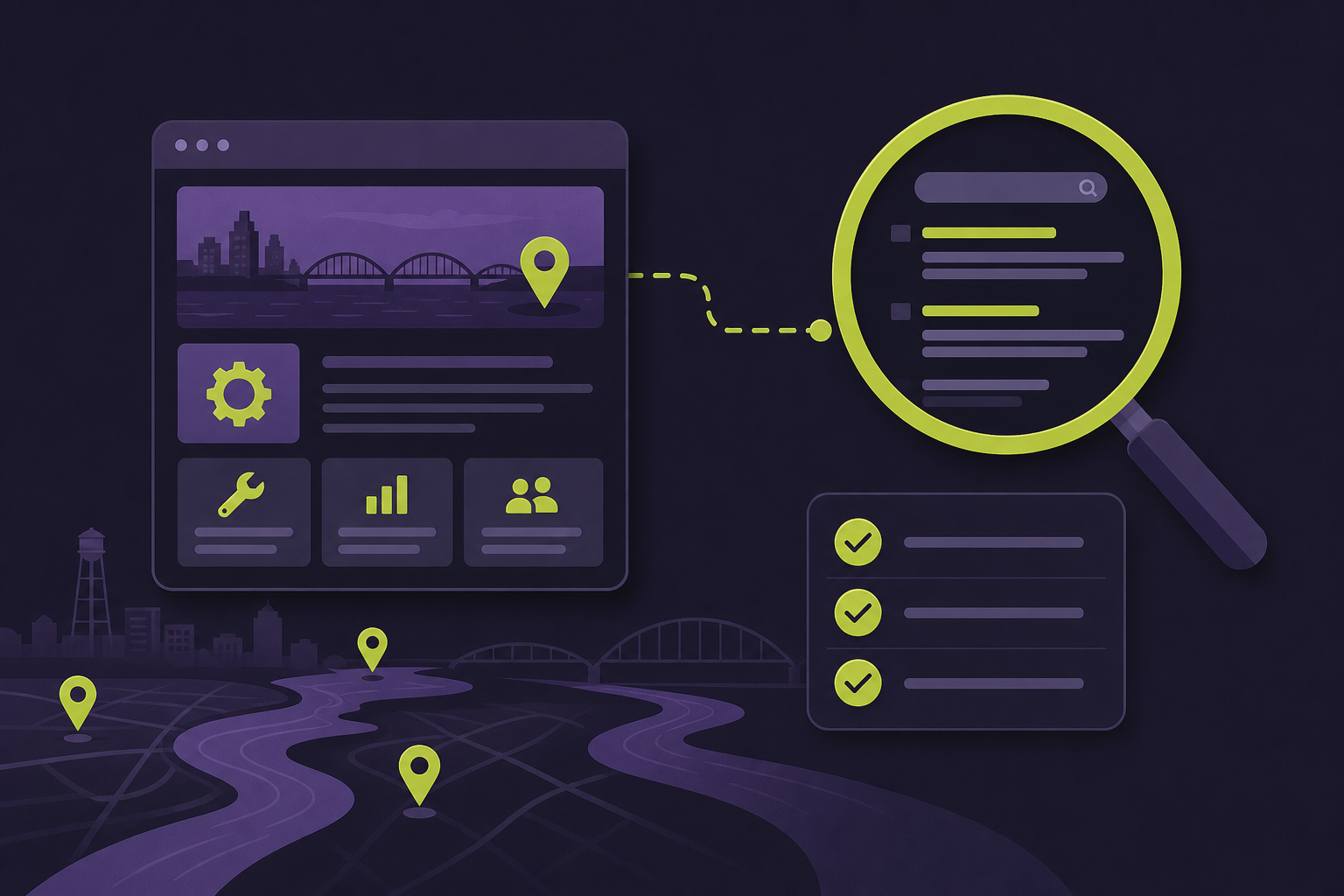 Illustration of a local service page, search magnifier, checklist, and Quad Cities map pins used to diagnose Google indexing.