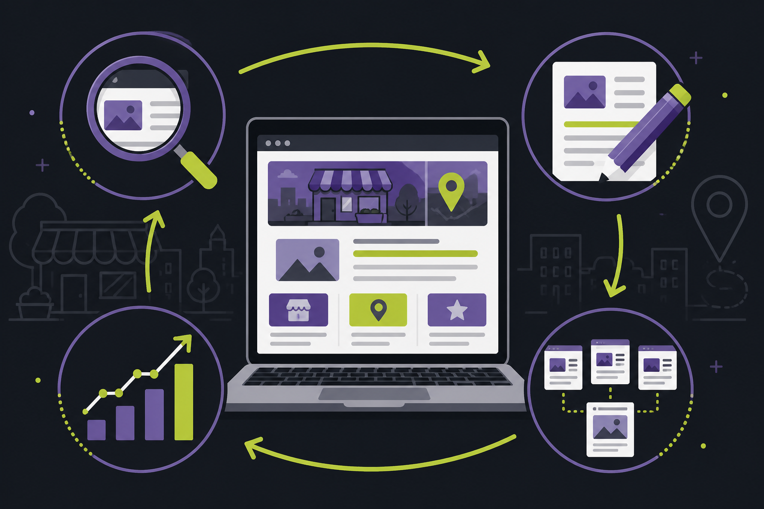 Illustration of a small-business website content refresh workflow with review, revision, consolidation, and search-performance stages.