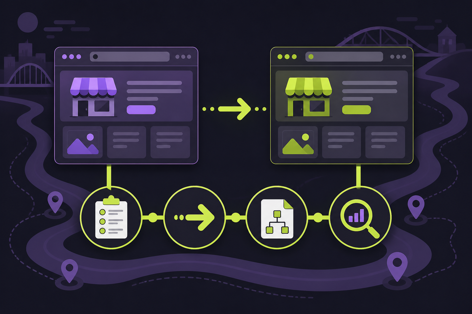 Illustration of a local business website moving to a new domain through inventory, redirect, sitemap, and monitoring checkpoints.