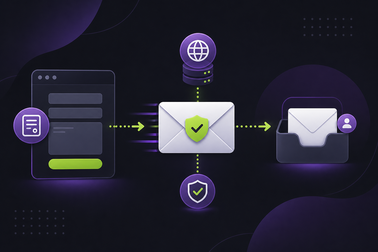 Illustration of a WordPress contact form sending a secured, verified email through a DNS authentication path to an inbox.