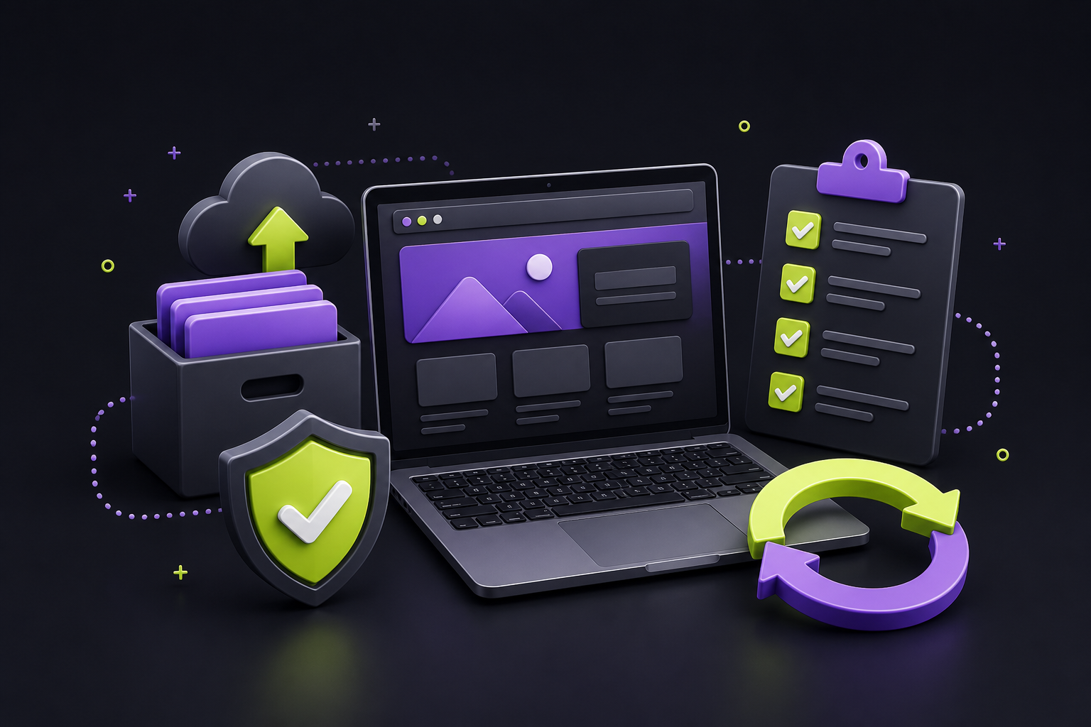 Illustration of a laptop website with a backup archive, shield, checklist, and update arrows.