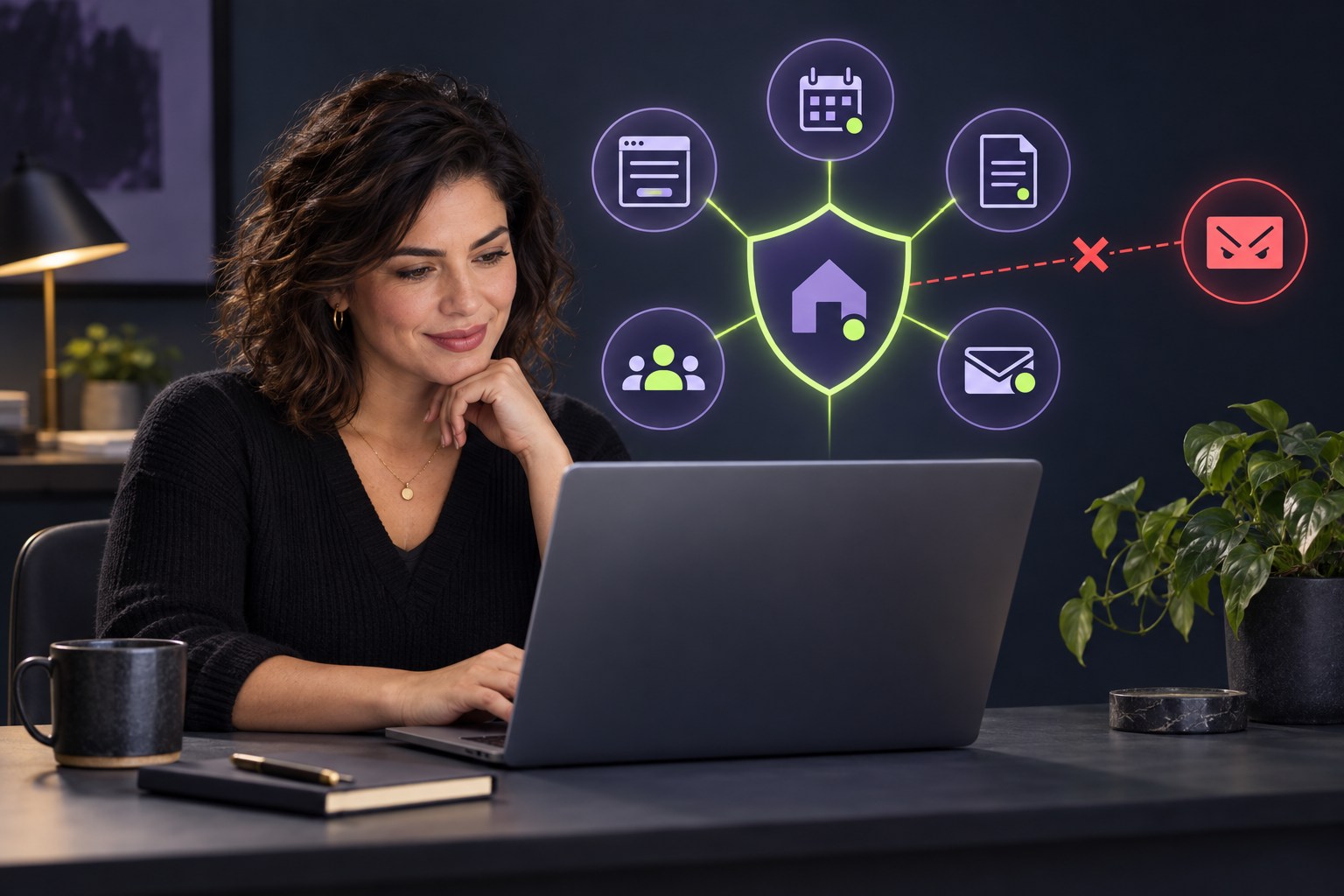 Service-business owner reviewing a protected email trust map connecting website forms, calendar, invoice, CRM, and newsletter systems while a phishing message is blocked.
