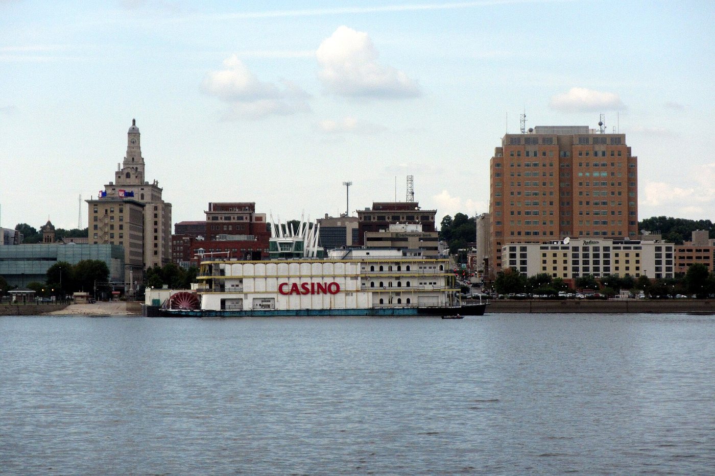 Downtown Davenport, Iowa skyline seen across the Mississippi River from the Illinois side