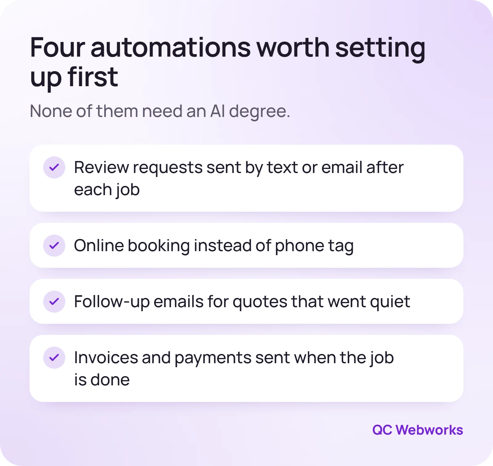 Checklist of four automations: review requests, online booking, quote follow-up emails, invoice and payment automation