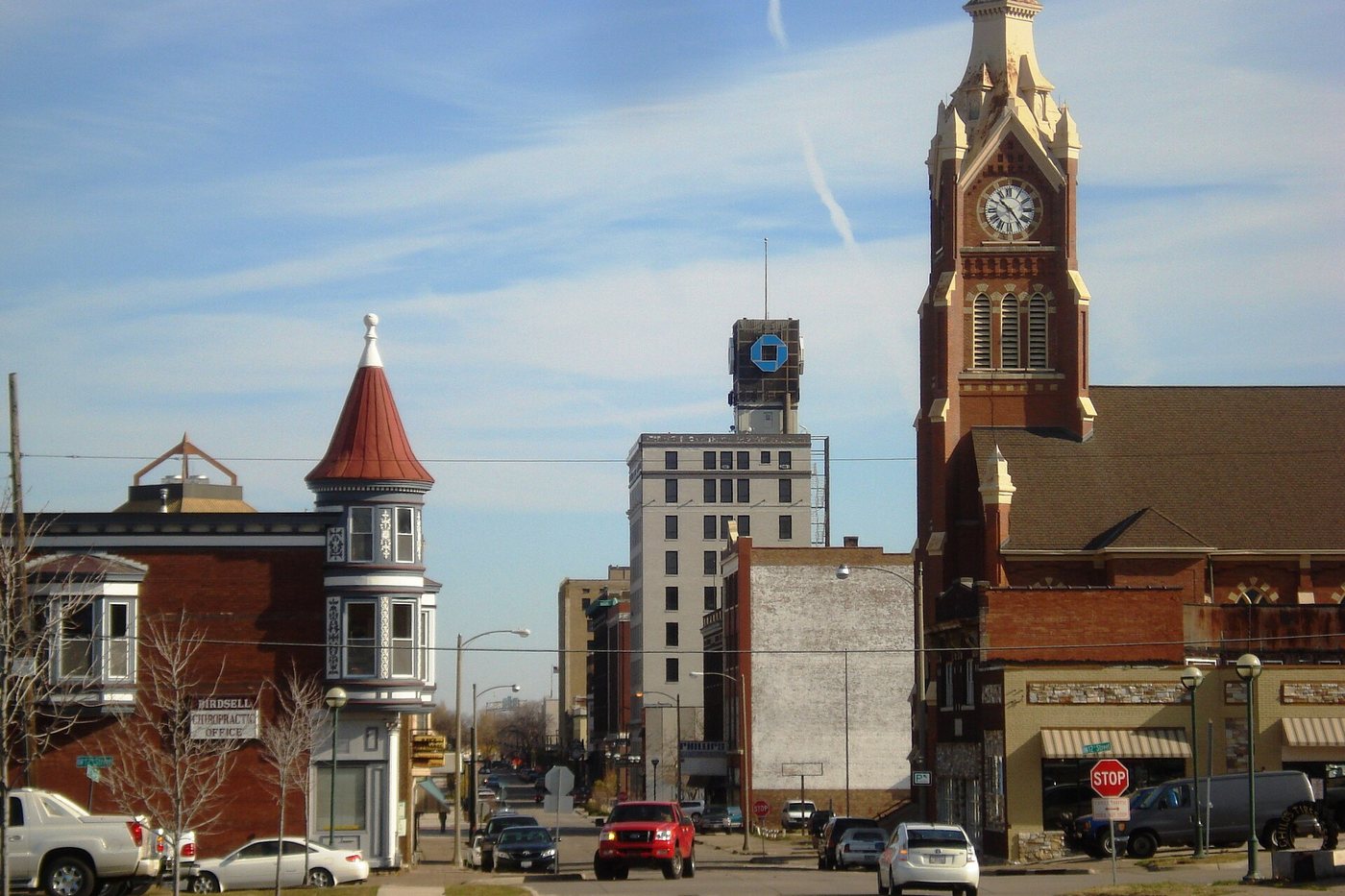 Downtown Moline commercial historic district with its clock tower and brick storefronts